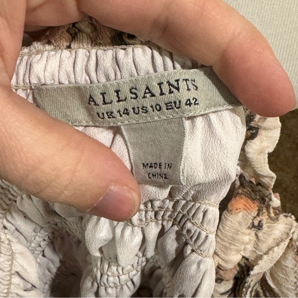 ALLSAINTS Mali Ukushisa Midi Dress Smocked Ruffle Safari Animal Print Size 10 - Picture 9 of 11